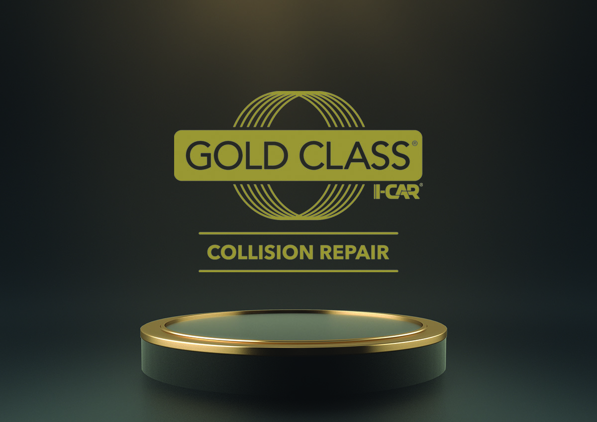 I-CAR Gold Class certified collision repair center logo over a dark background