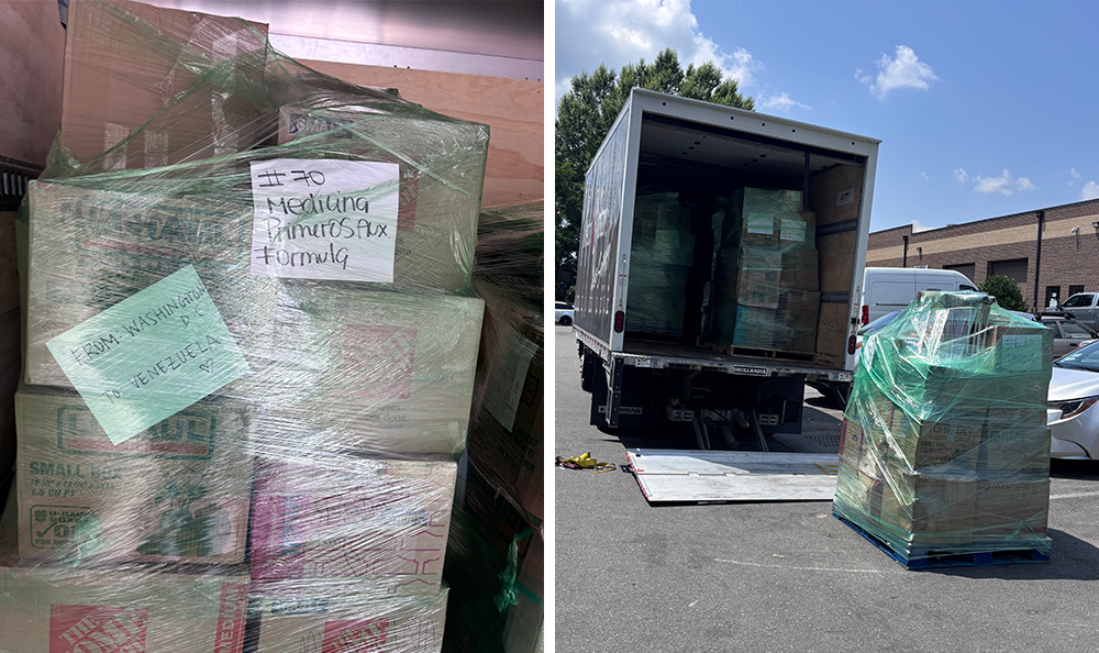 Pallets of donated goods are loaded onto a Metro Motor delivery truck