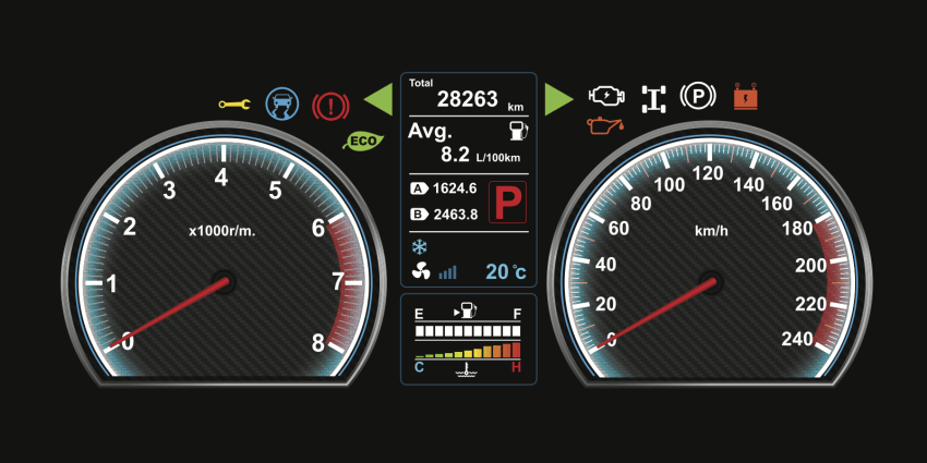 Depiction of a car dashboard with active warning lights