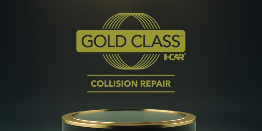 I-CAR Gold Class certified collision repair center logo over a dark background